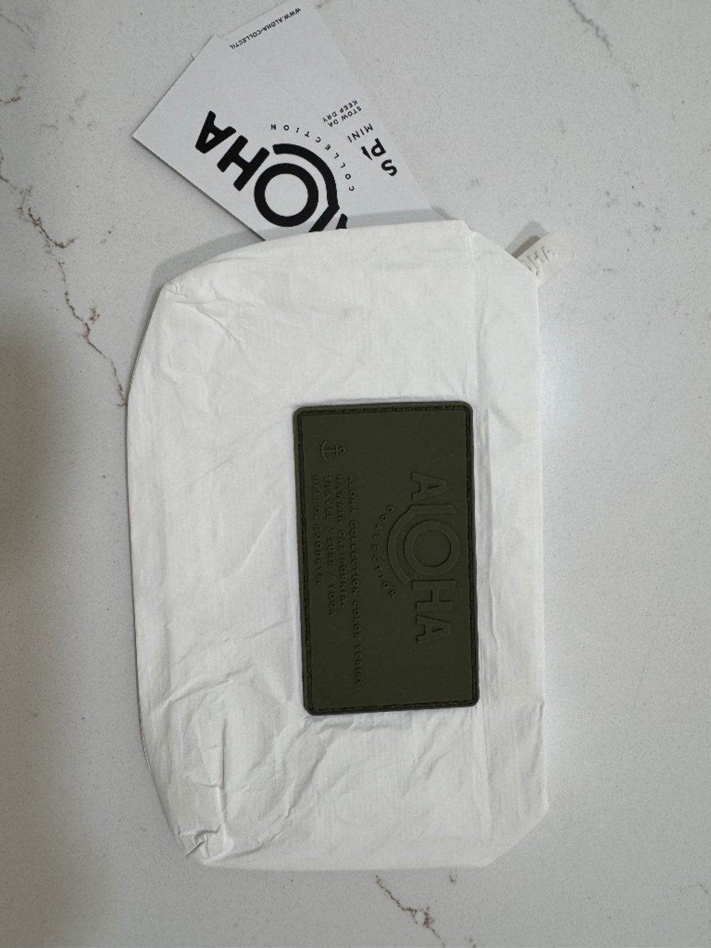 ALOHA Collection Mini White Pouch with Olive Green ALOHA Label NWT